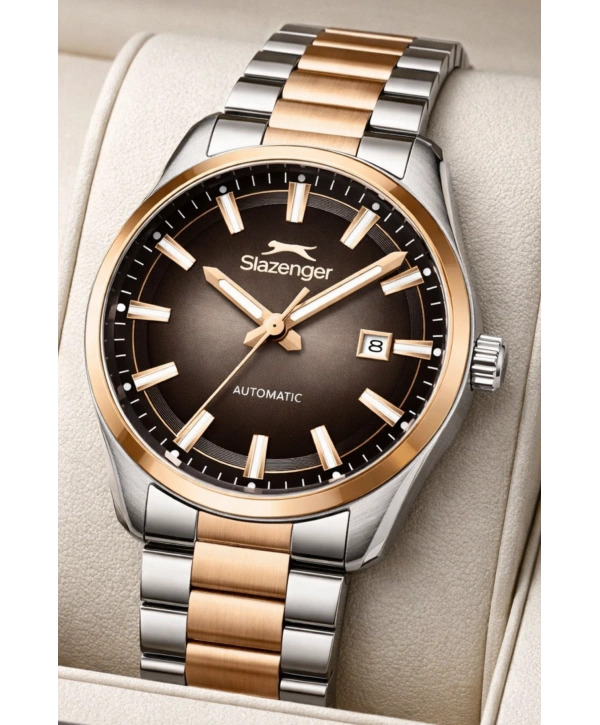 Slazenger Otomatik Mekanizma Çelik Kordon, Çelik Kasa Erkek Kol Saati Bileklik Hediyeli Gümüş-Rose sdslz013