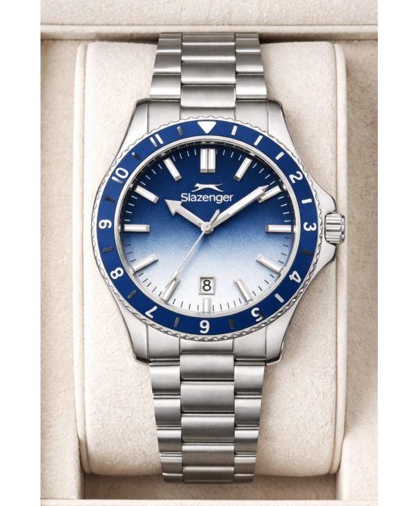 Slazenger Takvimli Çelik Kordon, Çelik Kasa Erkek Kol Saati Bileklik Hediyeli Gümüş-Mavi sdslz014