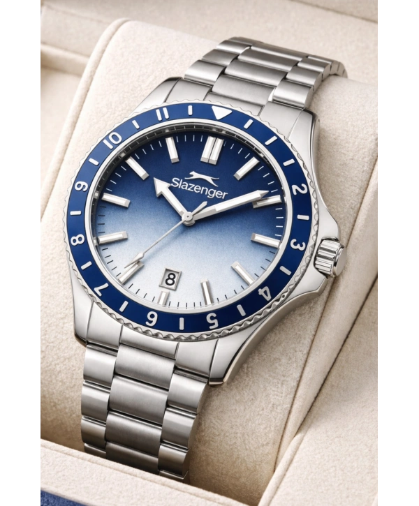 Slazenger Takvimli Çelik Kordon, Çelik Kasa Erkek Kol Saati Bileklik Hediyeli Gümüş-Mavi sdslz014