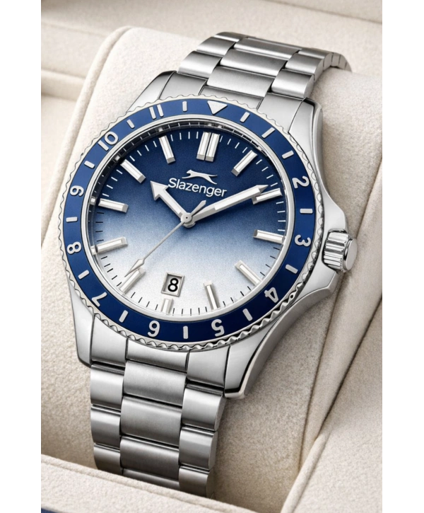 Slazenger Takvimli Çelik Kordon, Çelik Kasa Erkek Kol Saati Bileklik Hediyeli Gümüş-Mavi sdslz014