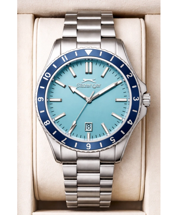 Slazenger Takvimli Çelik Kordon, Çelik Kasa Erkek Kol Saati Bileklik Hediyeli Gümüş-Turkuaz sdslz014