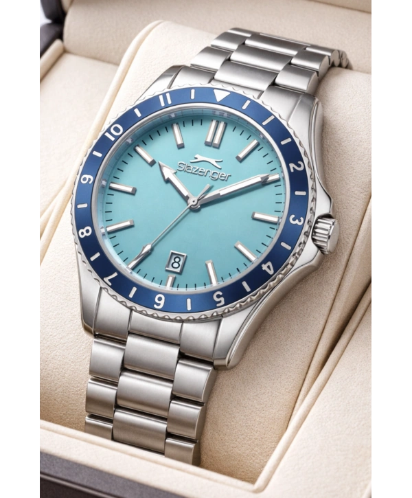 Slazenger Takvimli Çelik Kordon, Çelik Kasa Erkek Kol Saati Bileklik Hediyeli Gümüş-Turkuaz sdslz014