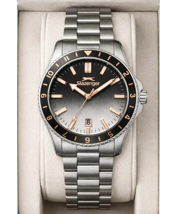 Slazenger Takvimli Çelik Kordon, Çelik Kasa Erkek Kol Saati Bileklik Hediyeli Gümüş-Rose sdslz014