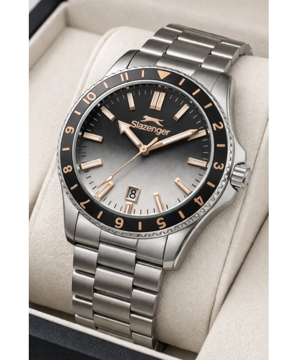 Slazenger Takvimli Çelik Kordon, Çelik Kasa Erkek Kol Saati Bileklik Hediyeli Gümüş-Rose sdslz014