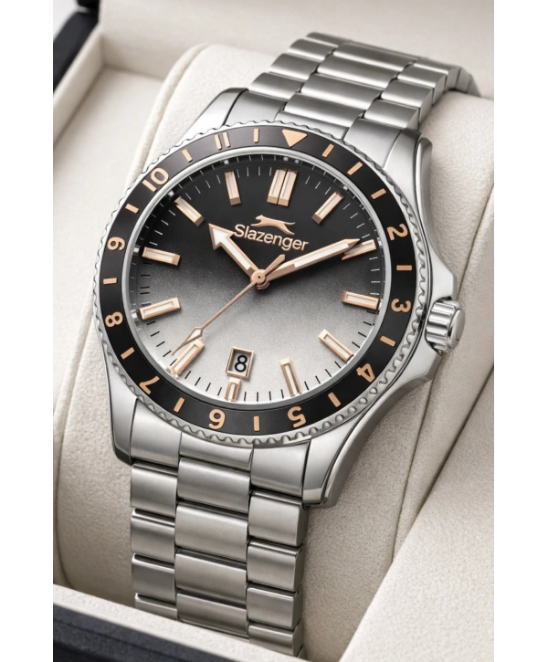 Slazenger Takvimli Çelik Kordon, Çelik Kasa Erkek Kol Saati Bileklik Hediyeli Gümüş-Rose sdslz014
