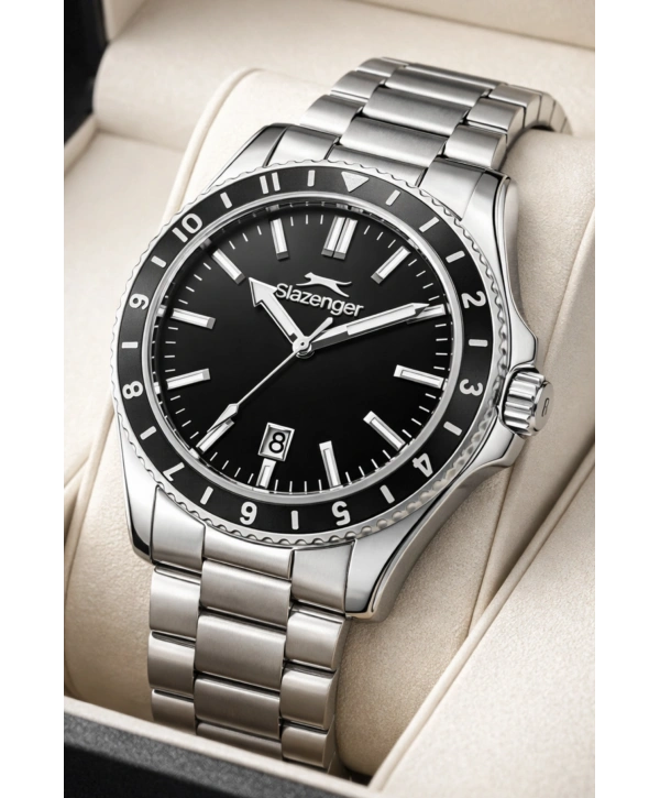 Slazenger Takvimli Çelik Kordon, Çelik Kasa Erkek Kol Saati Bileklik Hediyeli Gümüş-Siyah sdslz014