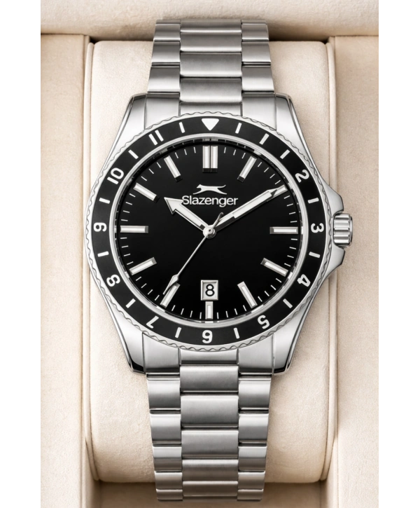 Slazenger Takvimli Çelik Kordon, Çelik Kasa Erkek Kol Saati Bileklik Hediyeli Gümüş-Siyah sdslz014