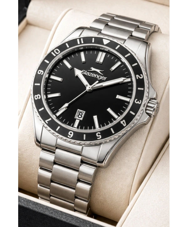 Slazenger Takvimli Çelik Kordon, Çelik Kasa Erkek Kol Saati Bileklik Hediyeli Gümüş-Siyah sdslz014