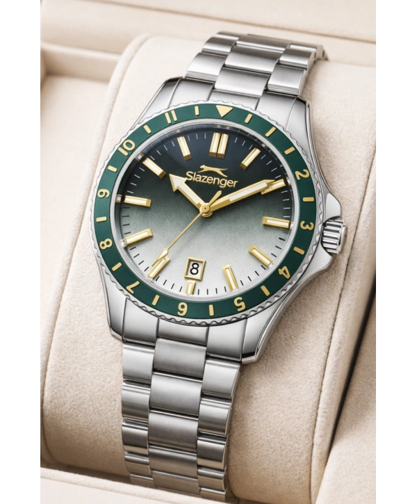 Slazenger Takvimli Çelik Kordon, Çelik Kasa Erkek Kol Saati Bileklik Hediyeli Gümüş-Yeşil sdslz014