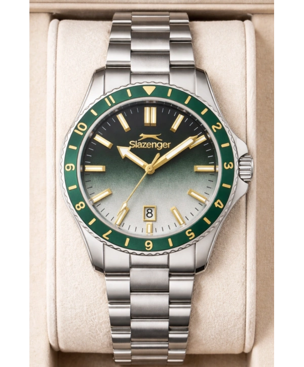 Slazenger Takvimli Çelik Kordon, Çelik Kasa Erkek Kol Saati Bileklik Hediyeli Gümüş-Yeşil sdslz014