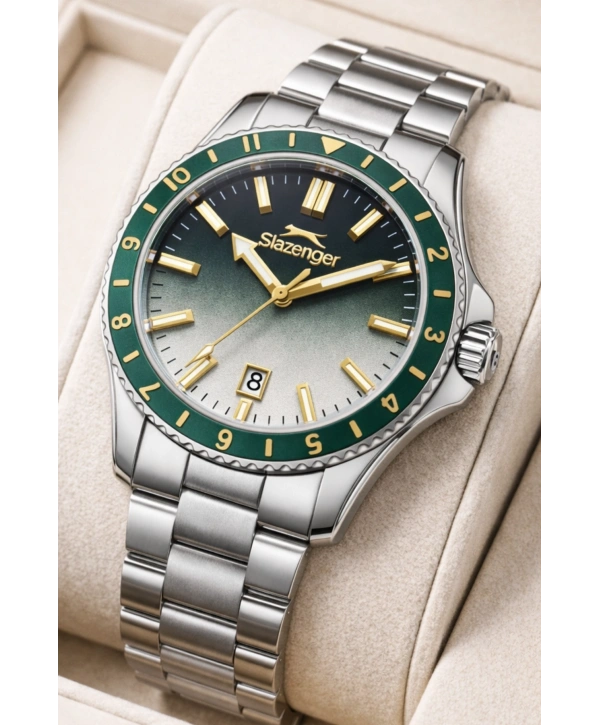 Slazenger Takvimli Çelik Kordon, Çelik Kasa Erkek Kol Saati Bileklik Hediyeli Gümüş-Yeşil sdslz014
