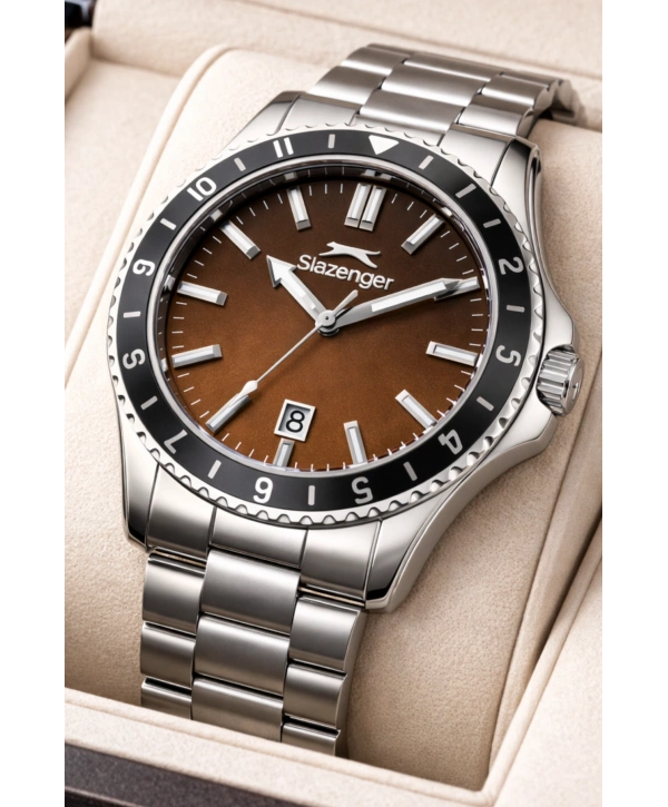 Slazenger Takvimli Çelik Kordon, Çelik Kasa Erkek Kol Saati Bileklik Hediyeli Gümüş-Kırmızı sdslz014