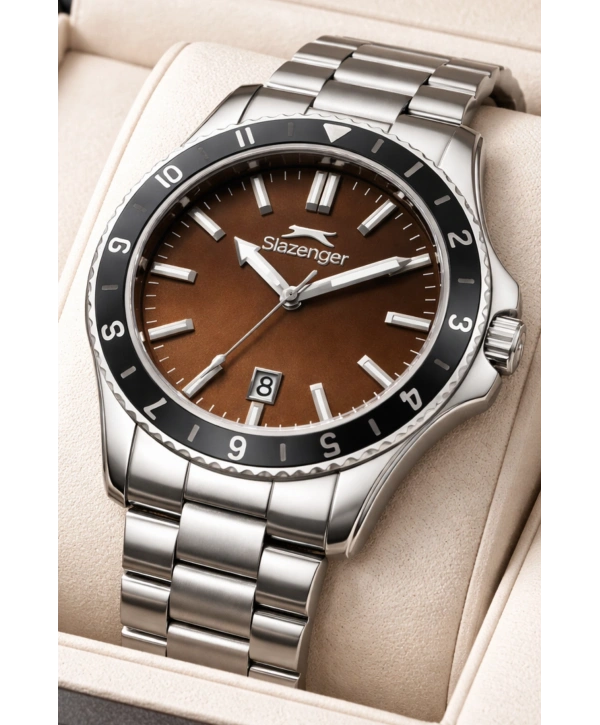 Slazenger Takvimli Çelik Kordon, Çelik Kasa Erkek Kol Saati Bileklik Hediyeli Gümüş-Kırmızı sdslz014