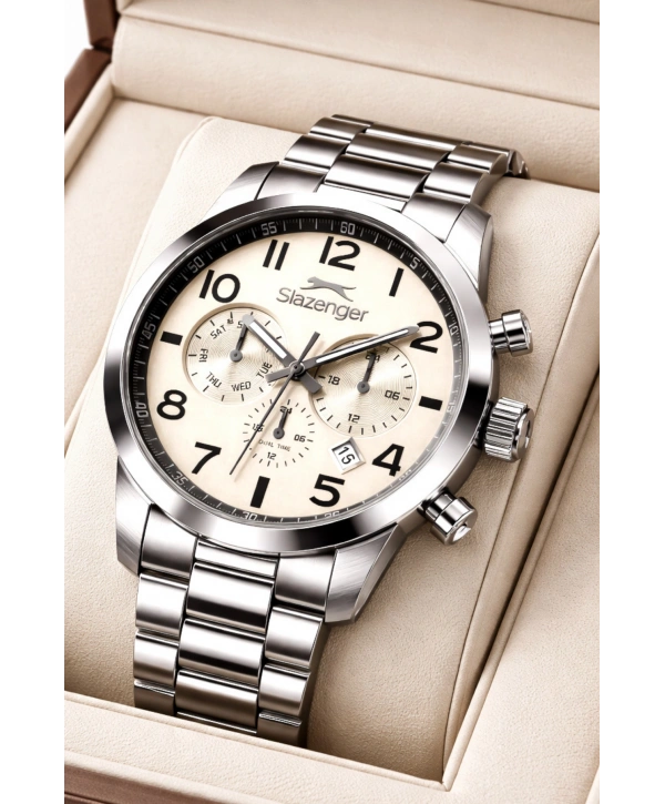 Slazenger Fonksiyonlu Çelik Kordon, Çelik Kasa Erkek Kol Saati Bileklik Hediyeli Gümüş-Beyaz sdslz015