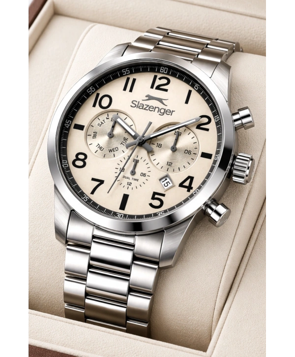Slazenger Fonksiyonlu Çelik Kordon, Çelik Kasa Erkek Kol Saati Bileklik Hediyeli Gümüş-Beyaz sdslz015
