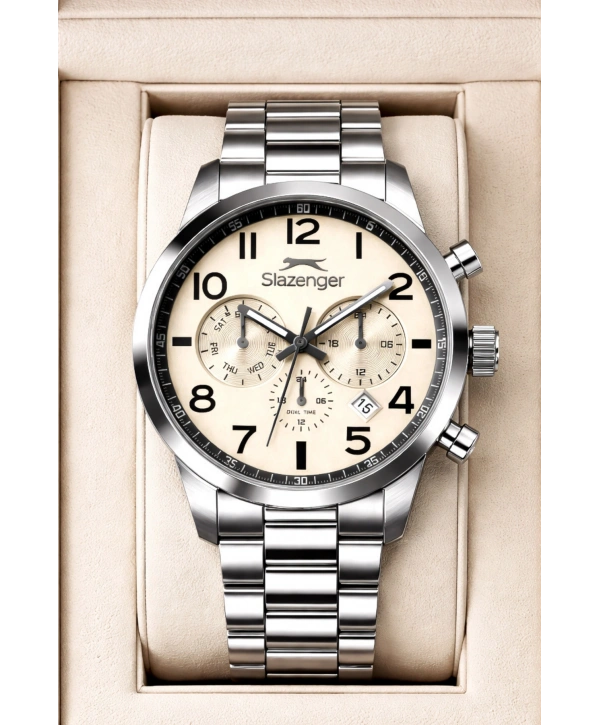 Slazenger Fonksiyonlu Çelik Kordon, Çelik Kasa Erkek Kol Saati Bileklik Hediyeli Gümüş-Beyaz sdslz015