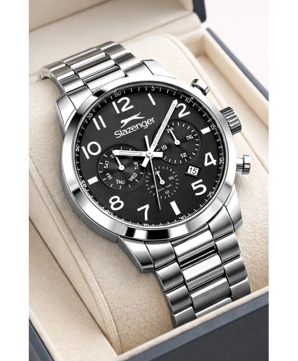 Slazenger Fonksiyonlu Çelik Kordon, Çelik Kasa Erkek Kol Saati Bileklik Hediyeli Gümüş-Siyah sdslz015