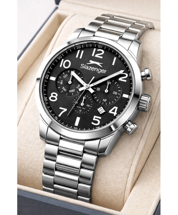 Slazenger Fonksiyonlu Çelik Kordon, Çelik Kasa Erkek Kol Saati Bileklik Hediyeli Gümüş-Siyah sdslz015