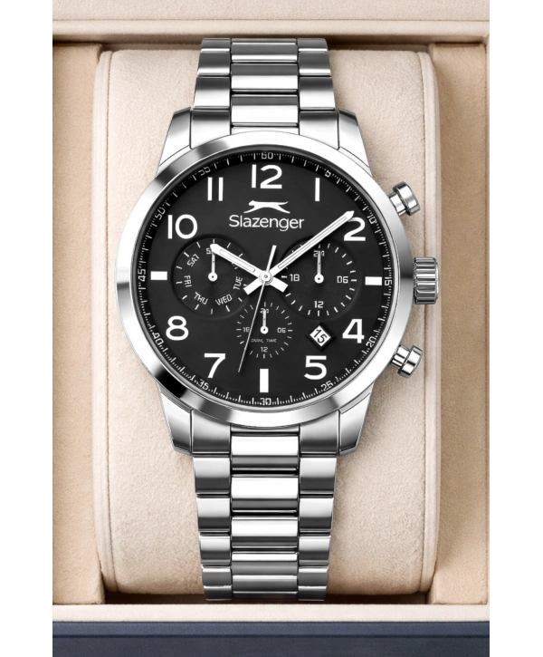 Slazenger Fonksiyonlu Çelik Kordon, Çelik Kasa Erkek Kol Saati Bileklik Hediyeli Gümüş-Siyah sdslz015