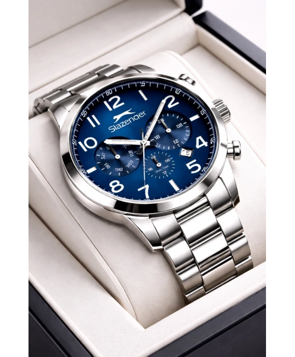 Slazenger Fonksiyonlu Çelik Kordon, Çelik Kasa Erkek Kol Saati Bileklik Hediyeli Gümüş-Mavi sdslz015