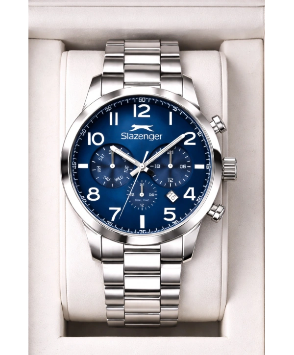 Slazenger Fonksiyonlu Çelik Kordon, Çelik Kasa Erkek Kol Saati Bileklik Hediyeli Gümüş-Mavi sdslz015
