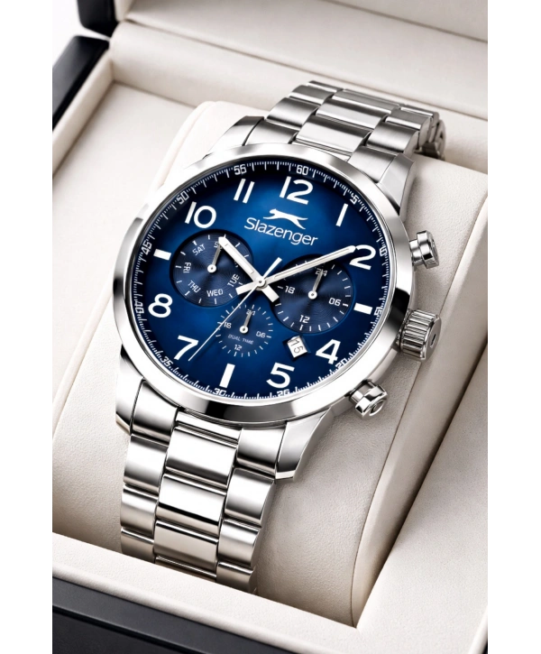 Slazenger Fonksiyonlu Çelik Kordon, Çelik Kasa Erkek Kol Saati Bileklik Hediyeli Gümüş-Mavi sdslz015