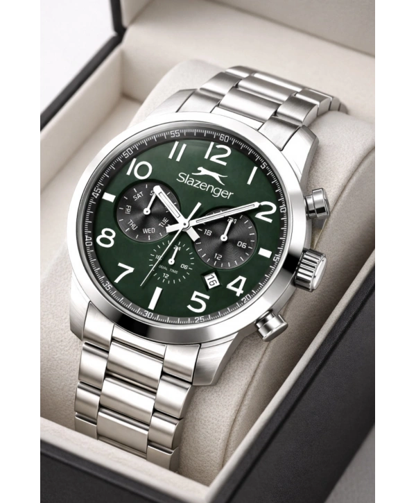 Slazenger Fonksiyonlu Çelik Kordon, Çelik Kasa Erkek Kol Saati Bileklik Hediyeli Gümüş-Yeşil sdslz015