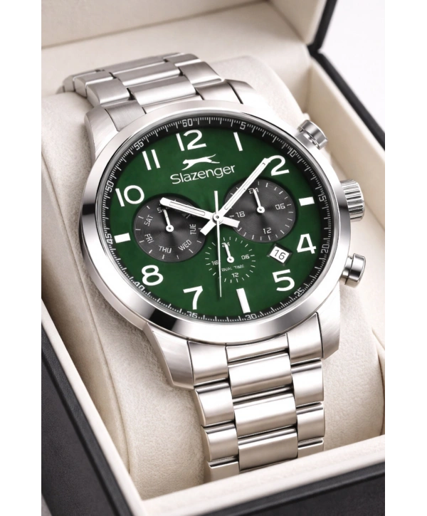Slazenger Fonksiyonlu Çelik Kordon, Çelik Kasa Erkek Kol Saati Bileklik Hediyeli Gümüş-Yeşil sdslz015