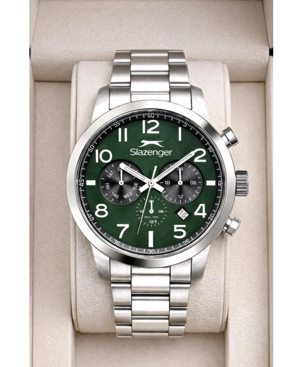 Slazenger Fonksiyonlu Çelik Kordon, Çelik Kasa Erkek Kol Saati Bileklik Hediyeli Gümüş-Yeşil sdslz015