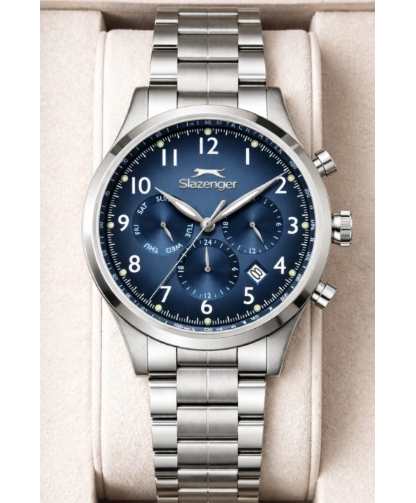 Slazenger Fonksiyonlu Çelik Kordon, Çelik Kasa Erkek Kol Saati Bileklik Hediyeli Gümüş-Mavi sdslz016