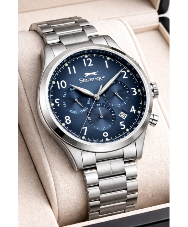 Slazenger Fonksiyonlu Çelik Kordon, Çelik Kasa Erkek Kol Saati Bileklik Hediyeli Gümüş-Mavi sdslz016