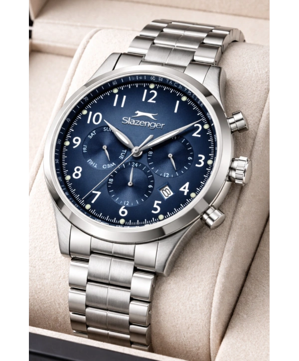 Slazenger Fonksiyonlu Çelik Kordon, Çelik Kasa Erkek Kol Saati Bileklik Hediyeli Gümüş-Mavi sdslz016