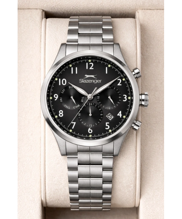 Slazenger Fonksiyonlu Çelik Kordon, Çelik Kasa Erkek Kol Saati Bileklik Hediyeli Gümüş-Siyah sdslz016