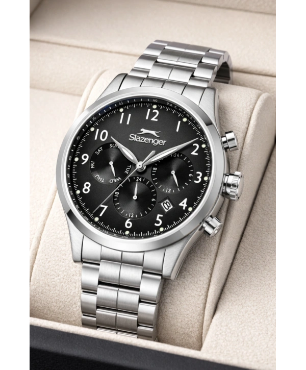 Slazenger Fonksiyonlu Çelik Kordon, Çelik Kasa Erkek Kol Saati Bileklik Hediyeli Gümüş-Siyah sdslz016