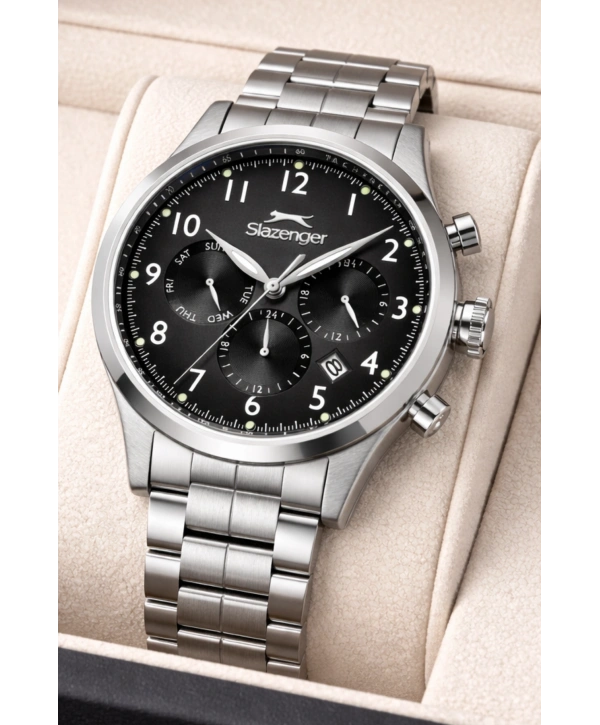 Slazenger Fonksiyonlu Çelik Kordon, Çelik Kasa Erkek Kol Saati Bileklik Hediyeli Gümüş-Siyah sdslz016