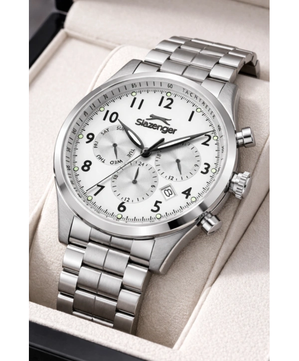 Slazenger Fonksiyonlu Çelik Kordon, Çelik Kasa Erkek Kol Saati Bileklik Hediyeli Gümüş-Beyaz sdslz016
