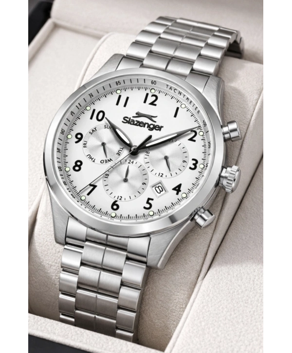Slazenger Fonksiyonlu Çelik Kordon, Çelik Kasa Erkek Kol Saati Bileklik Hediyeli Gümüş-Beyaz sdslz016