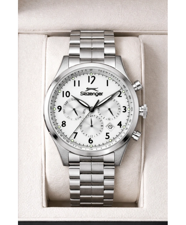 Slazenger Fonksiyonlu Çelik Kordon, Çelik Kasa Erkek Kol Saati Bileklik Hediyeli Gümüş-Beyaz sdslz016