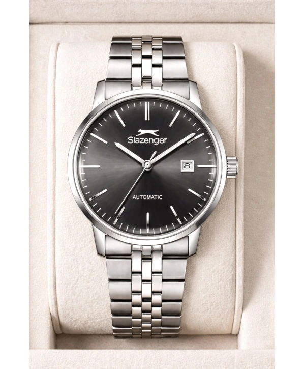 Slazenger Otomatik Mekanizma Çelik Kordon, Çelik Kasa Erkek Kol Saati Bileklik Hediyeli Gümüş-Siyah sdslz017