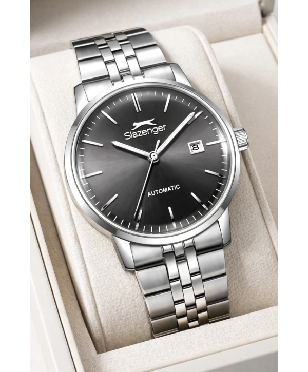 Slazenger Otomatik Mekanizma Çelik Kordon, Çelik Kasa Erkek Kol Saati Bileklik Hediyeli Gümüş-Siyah sdslz017