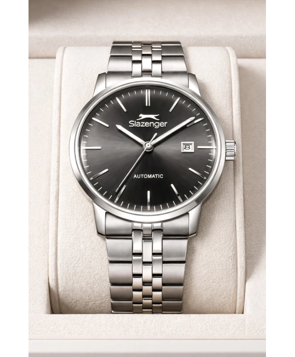 Slazenger Otomatik Mekanizma Çelik Kordon, Çelik Kasa Erkek Kol Saati Bileklik Hediyeli Gümüş-Siyah sdslz017