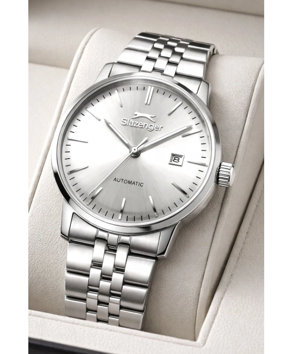 Slazenger Otomatik Mekanizma Çelik Kordon, Çelik Kasa Erkek Kol Saati Bileklik Hediyeli Gümüş-Beyaz sdslz017