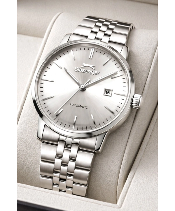 Slazenger Otomatik Mekanizma Çelik Kordon, Çelik Kasa Erkek Kol Saati Bileklik Hediyeli Gümüş-Beyaz sdslz017