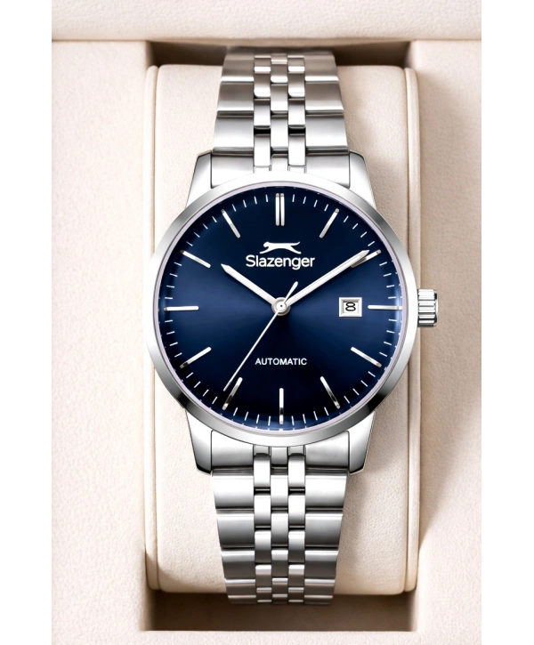 Slazenger Otomatik Mekanizma Çelik Kordon, Çelik Kasa Erkek Kol Saati Bileklik Hediyeli Gümüş-Mavi sdslz017