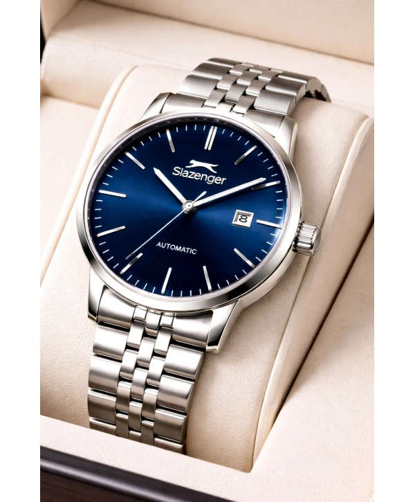 Slazenger Otomatik Mekanizma Çelik Kordon, Çelik Kasa Erkek Kol Saati Bileklik Hediyeli Gümüş-Mavi sdslz017