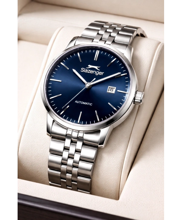 Slazenger Otomatik Mekanizma Çelik Kordon, Çelik Kasa Erkek Kol Saati Bileklik Hediyeli Gümüş-Mavi sdslz017