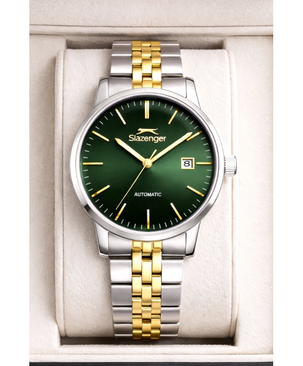 Slazenger Otomatik Mekanizma Çelik Kordon, Çelik Kasa Erkek Kol Saati Bileklik Hediyeli Gümüş-Yeşil sdslz017