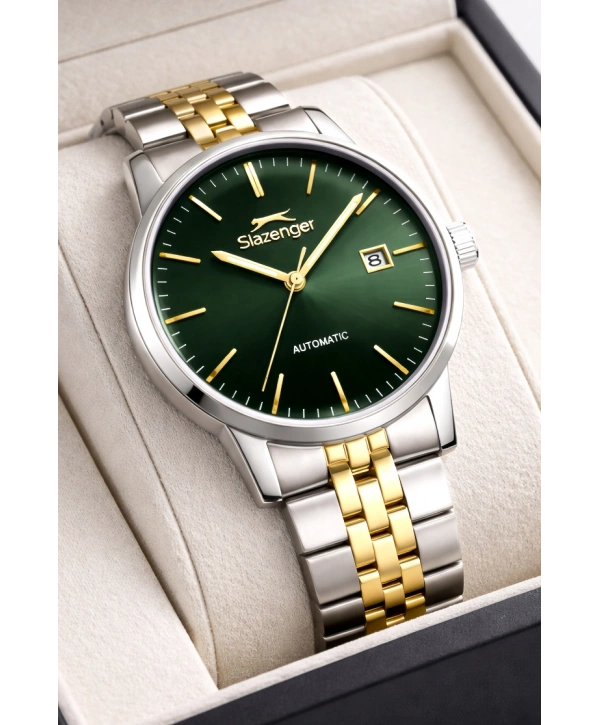 Slazenger Otomatik Mekanizma Çelik Kordon, Çelik Kasa Erkek Kol Saati Bileklik Hediyeli Gümüş-Yeşil sdslz017