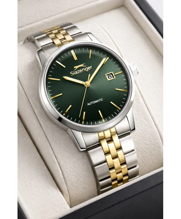 Slazenger Otomatik Mekanizma Çelik Kordon, Çelik Kasa Erkek Kol Saati Bileklik Hediyeli Gümüş-Yeşil sdslz017