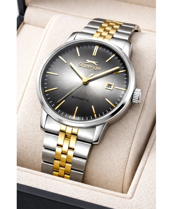 Slazenger Otomatik Mekanizma Çelik Kordon, Çelik Kasa Erkek Kol Saati Bileklik Hediyeli Gümüş-Gold sdslz017